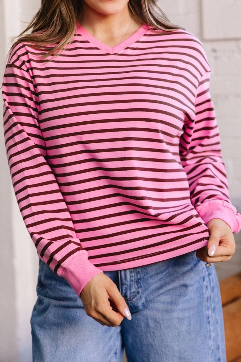 Stripe V Neck Drop Shoulder Long Sleeve Top
