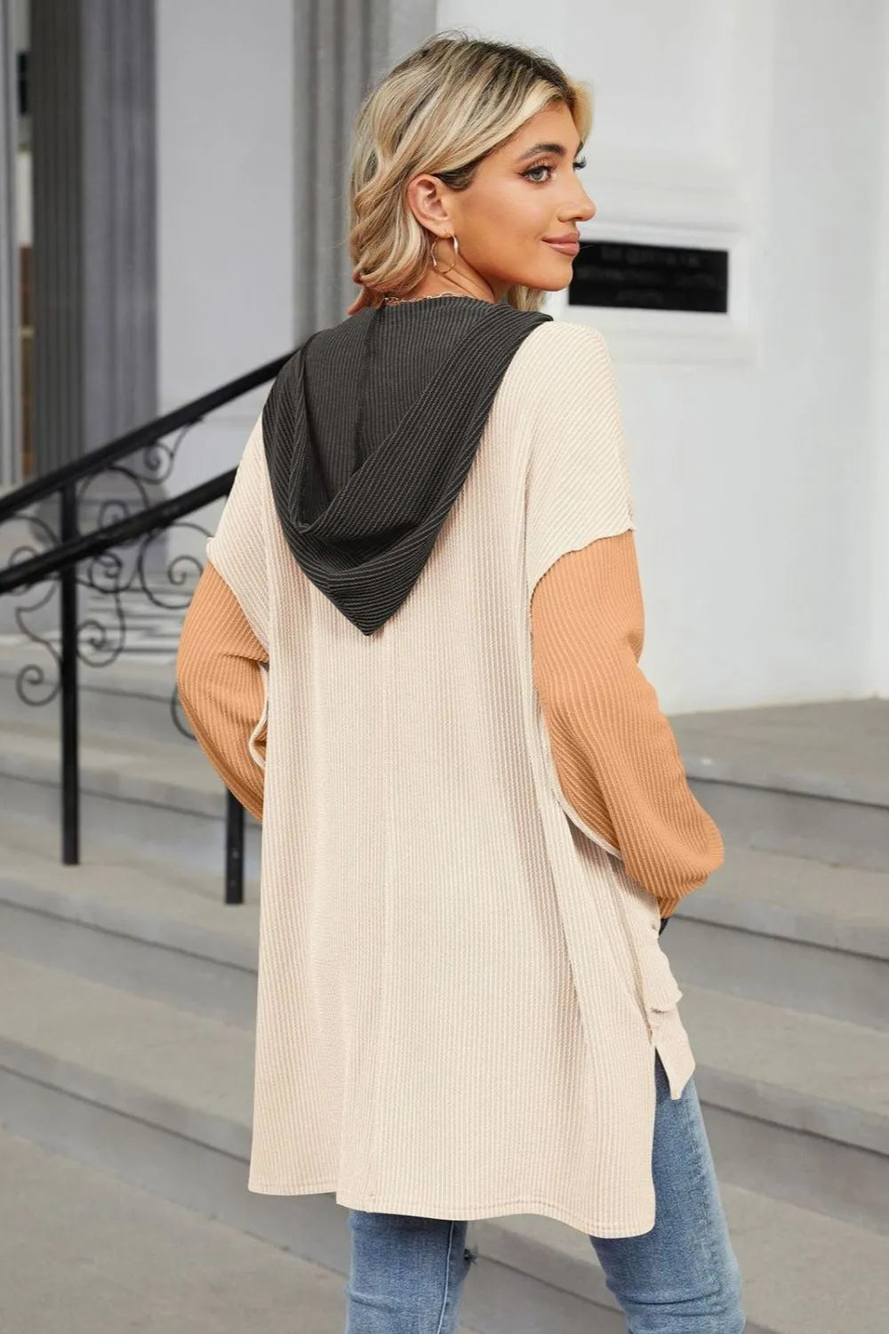 Contrast Hooded Long Sleeve Top