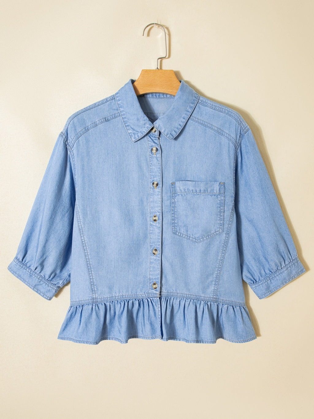 Half Sleeve Button Down Ruffled High Low Chambray Shirt