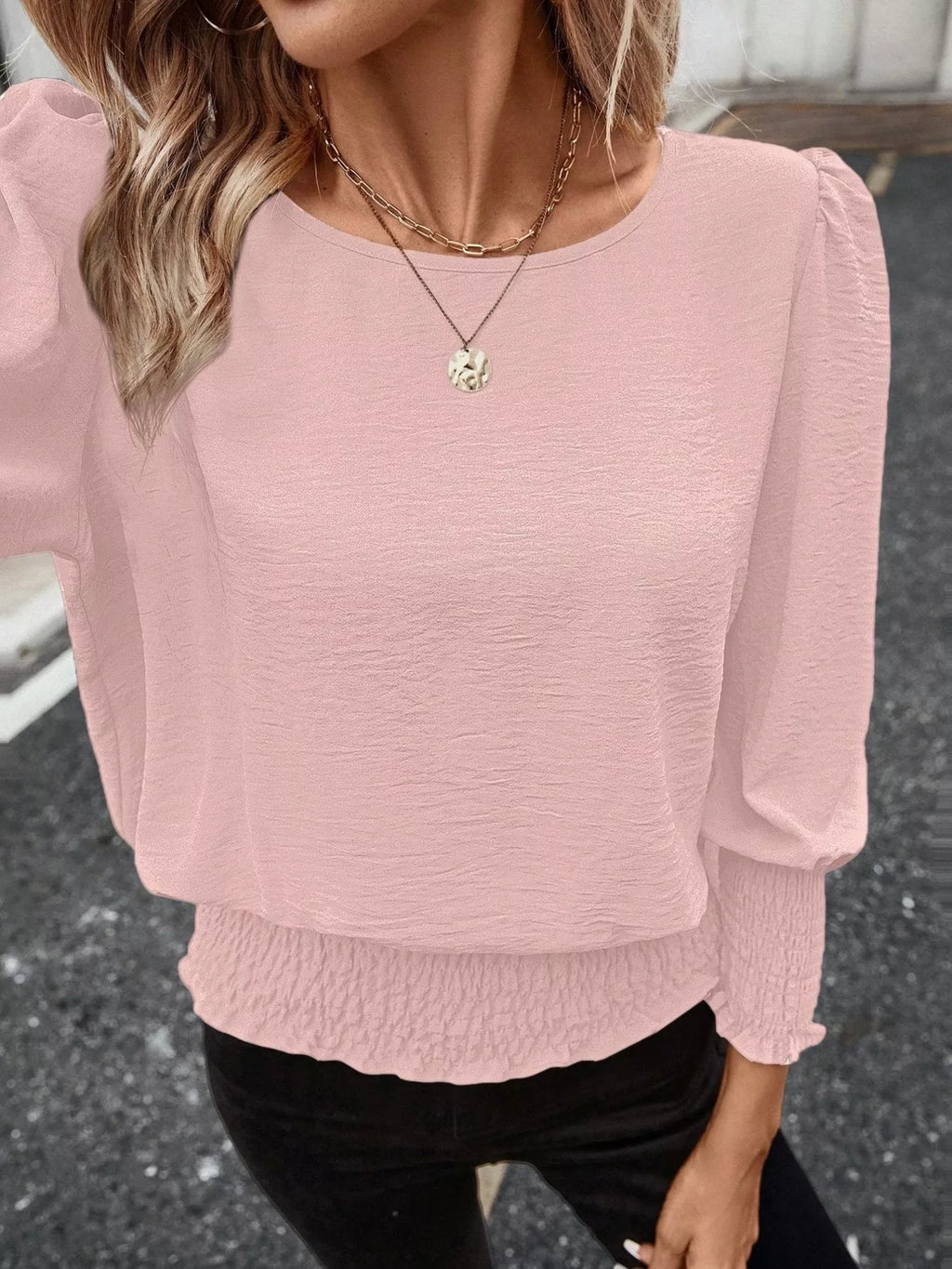 Smocked Waist Round Neck Blouse