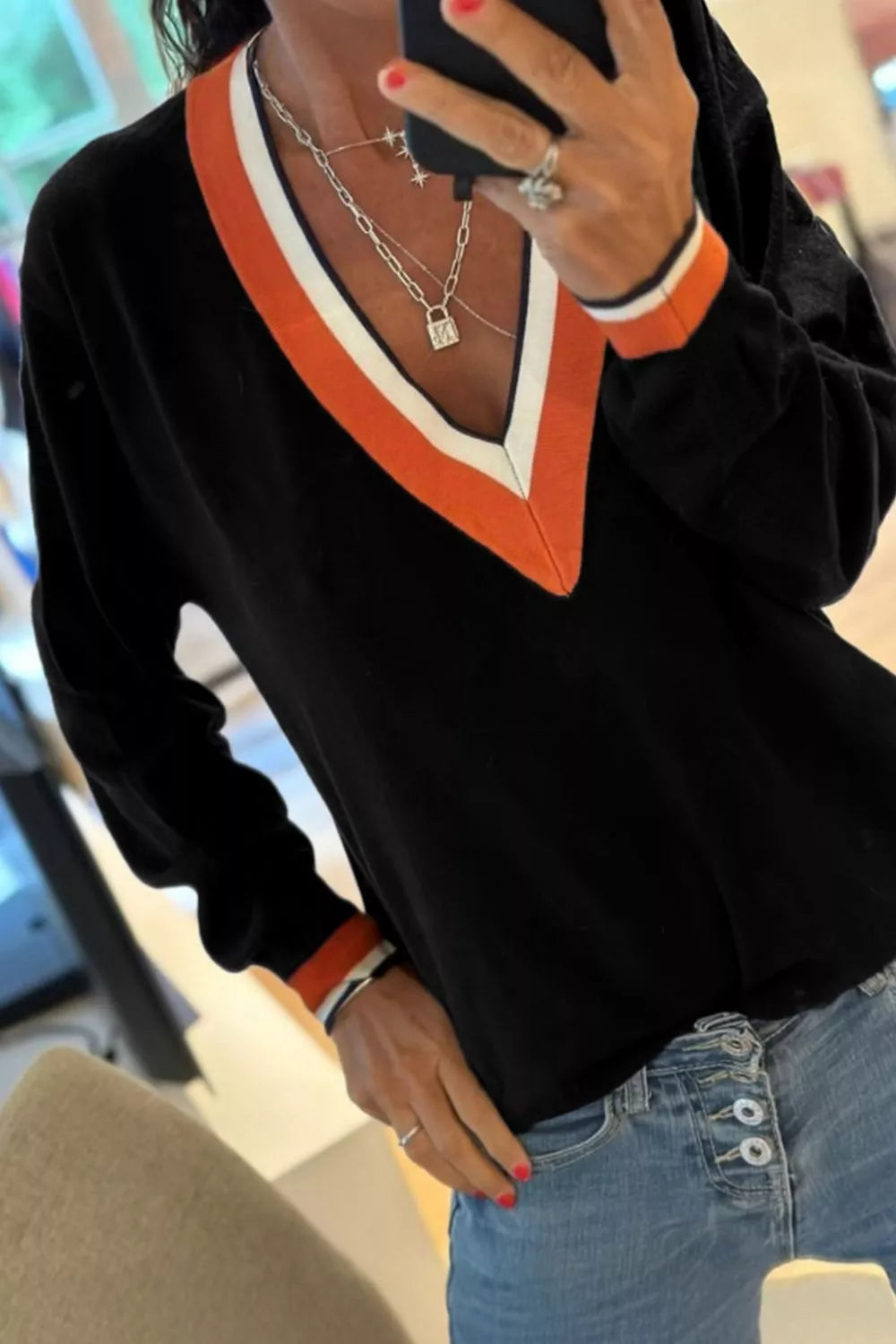 Contrast Striped Trim V Neck Varsity Sweater