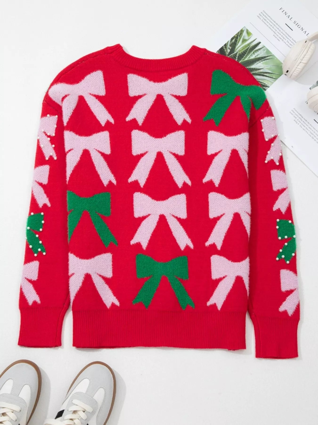 Bow Pearl Embellished Christmas Holiday Sweater