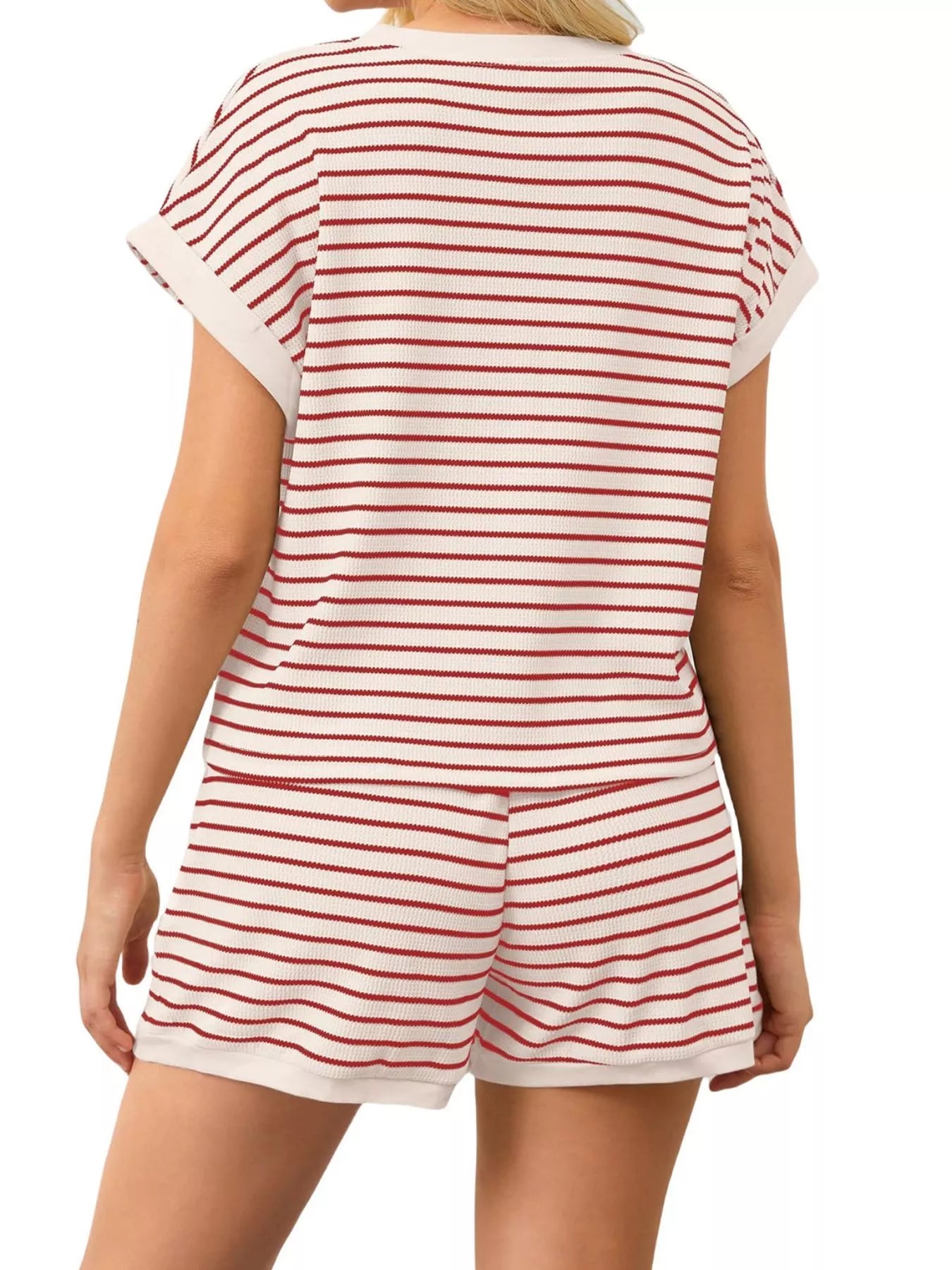 Full Size Striped Round Neck Top and Shorts Set Plus Size
