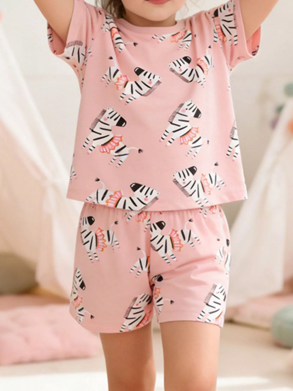 Children's Zebra Print Round Neck Top and Shorts Set