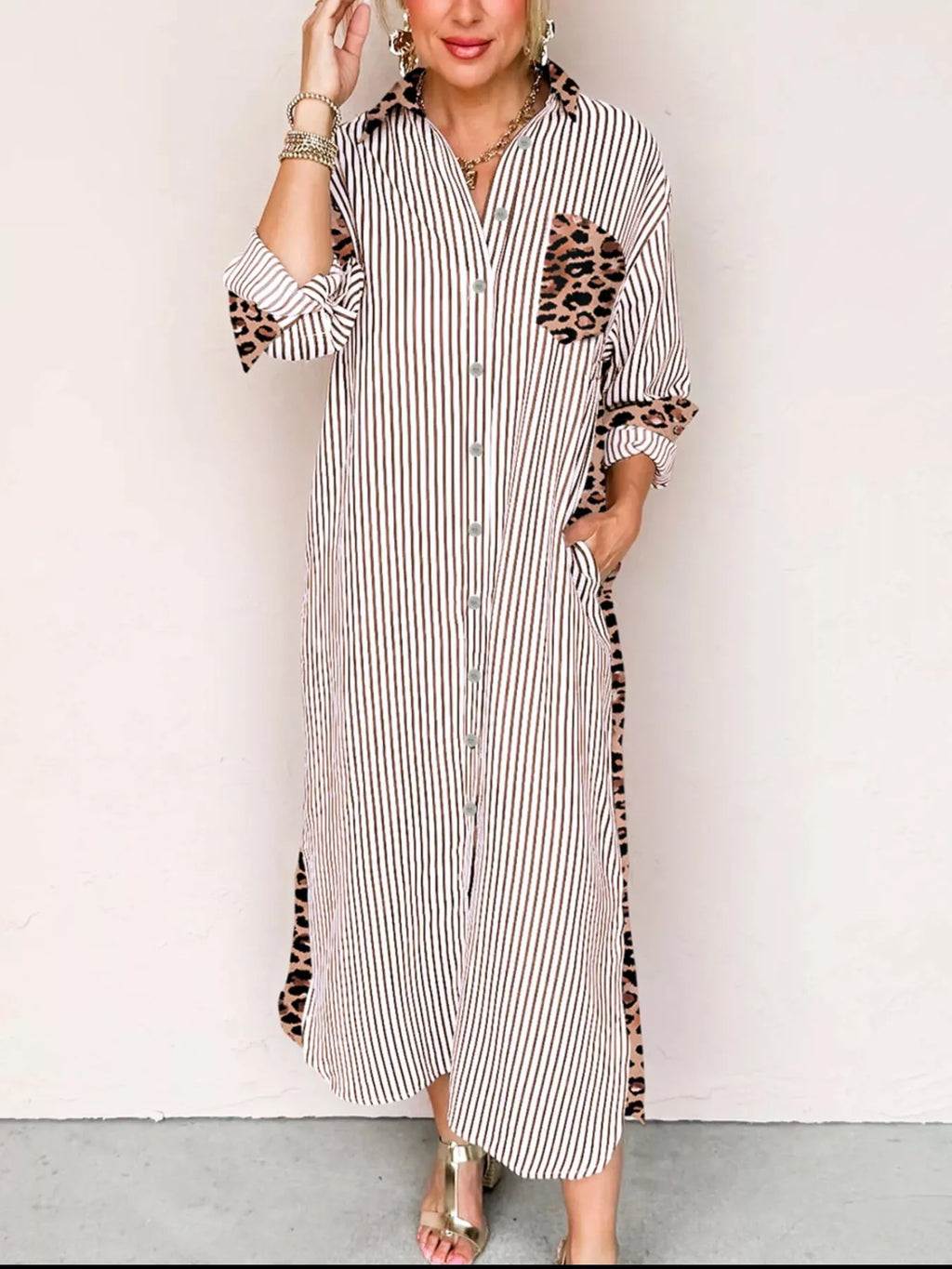 Striped Leopard Print Button Up Shirt Dress