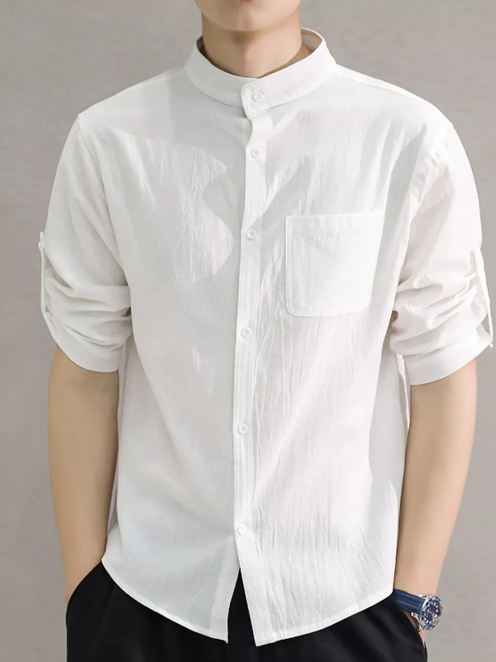 Men's Plus Size Button Up Roll-Up Sleeve Shirt