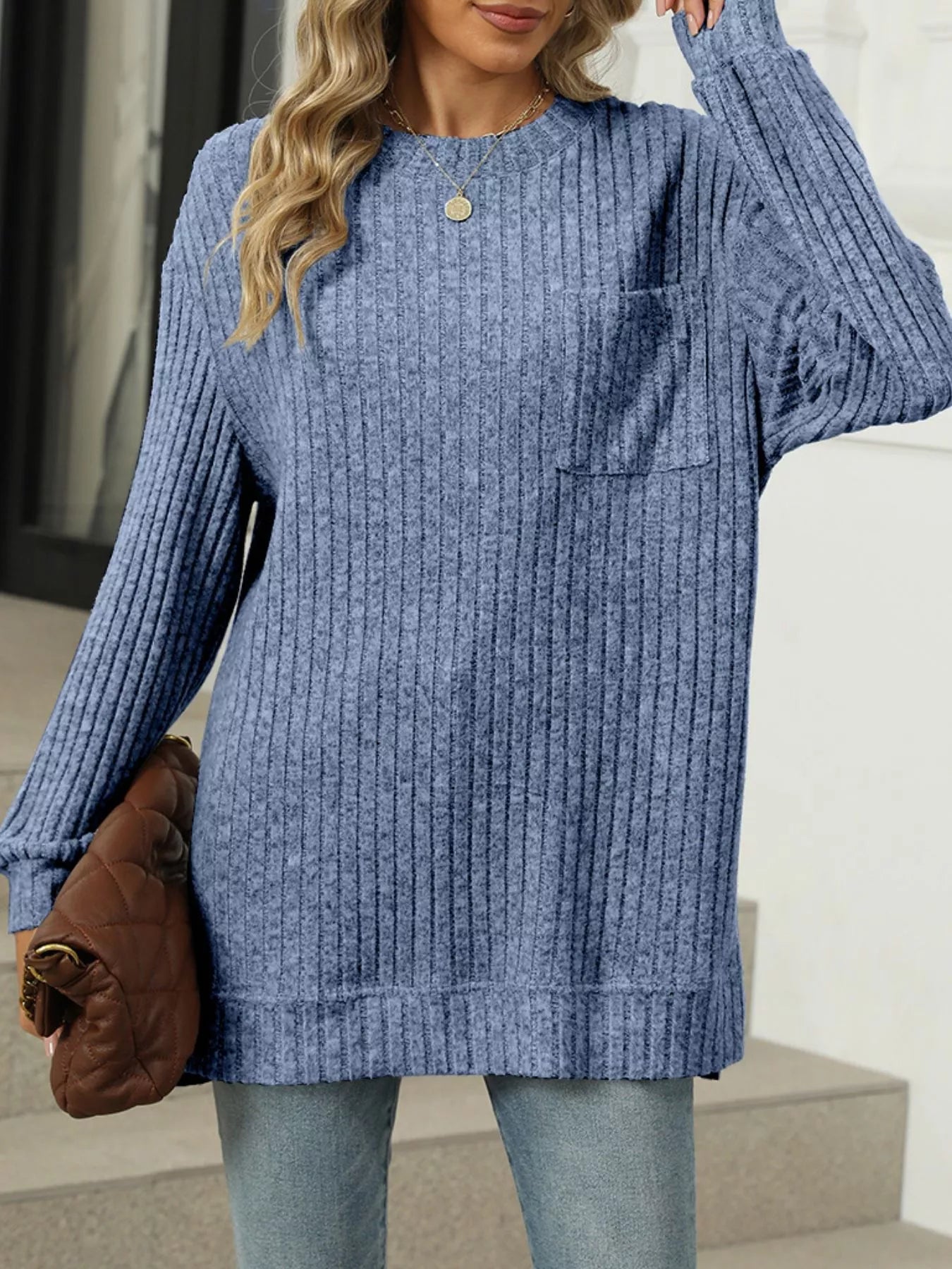 Ribbed Knit Round Neck Sweater