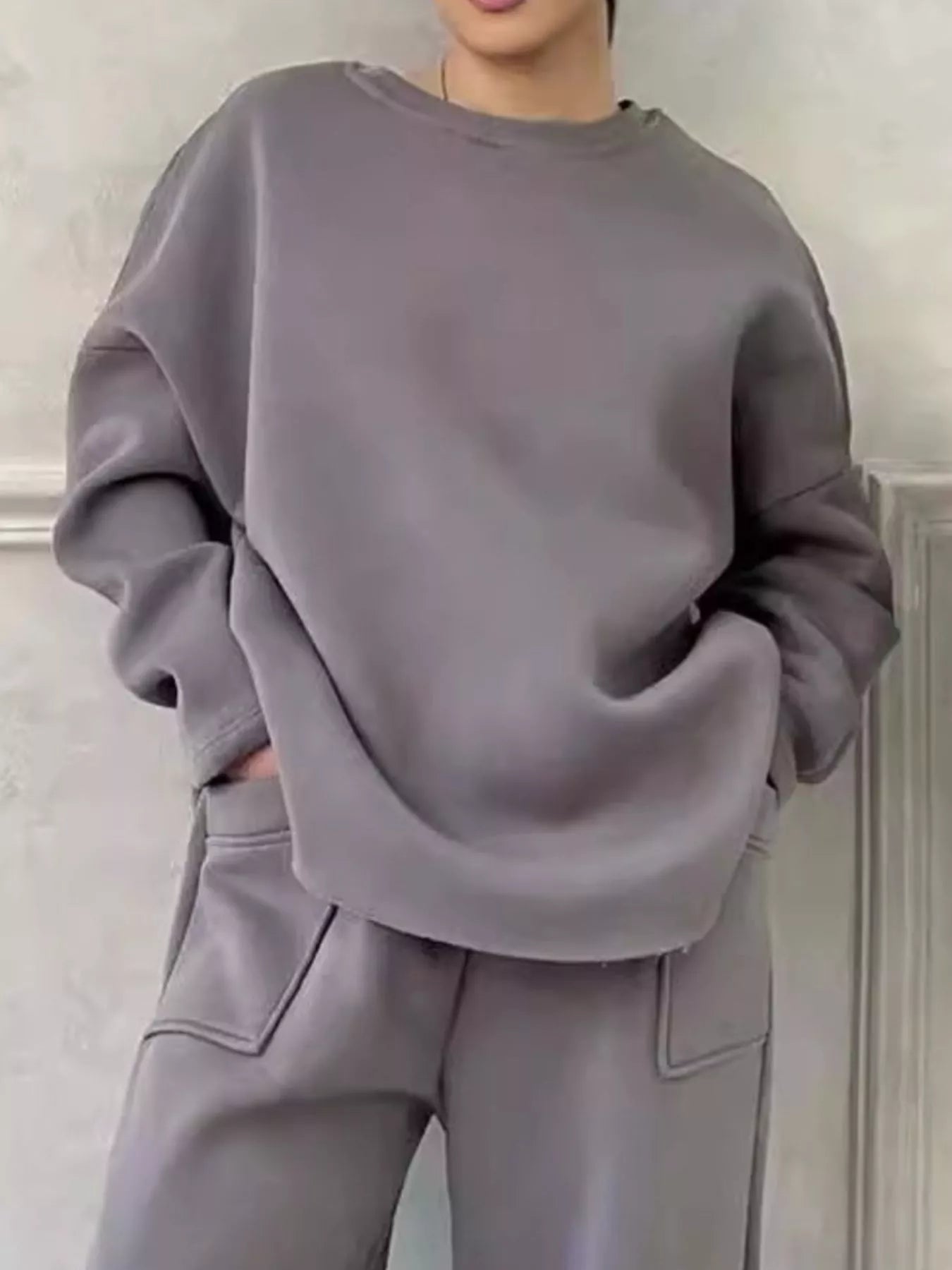 Full Size Oversized Round Neck Top and Pants Set Plus Size