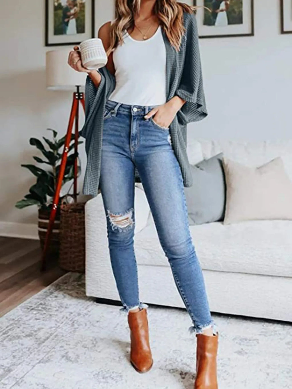 Full Size Open Front Waffle Knit Cardigan Plus Size