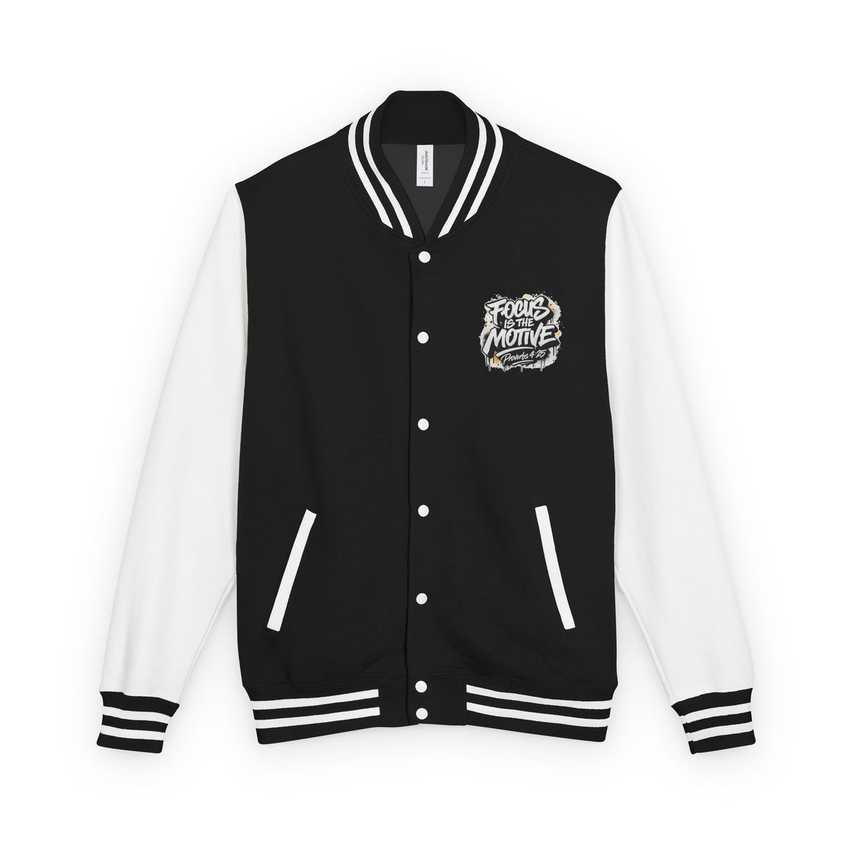 Focus Is The Motive Varsity Jacket — Proverbs 4:25 Inspirational Letterman