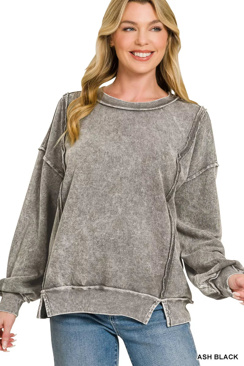 Zenana Snow Washed F/Terry Exposed-Seam Sweatshirt