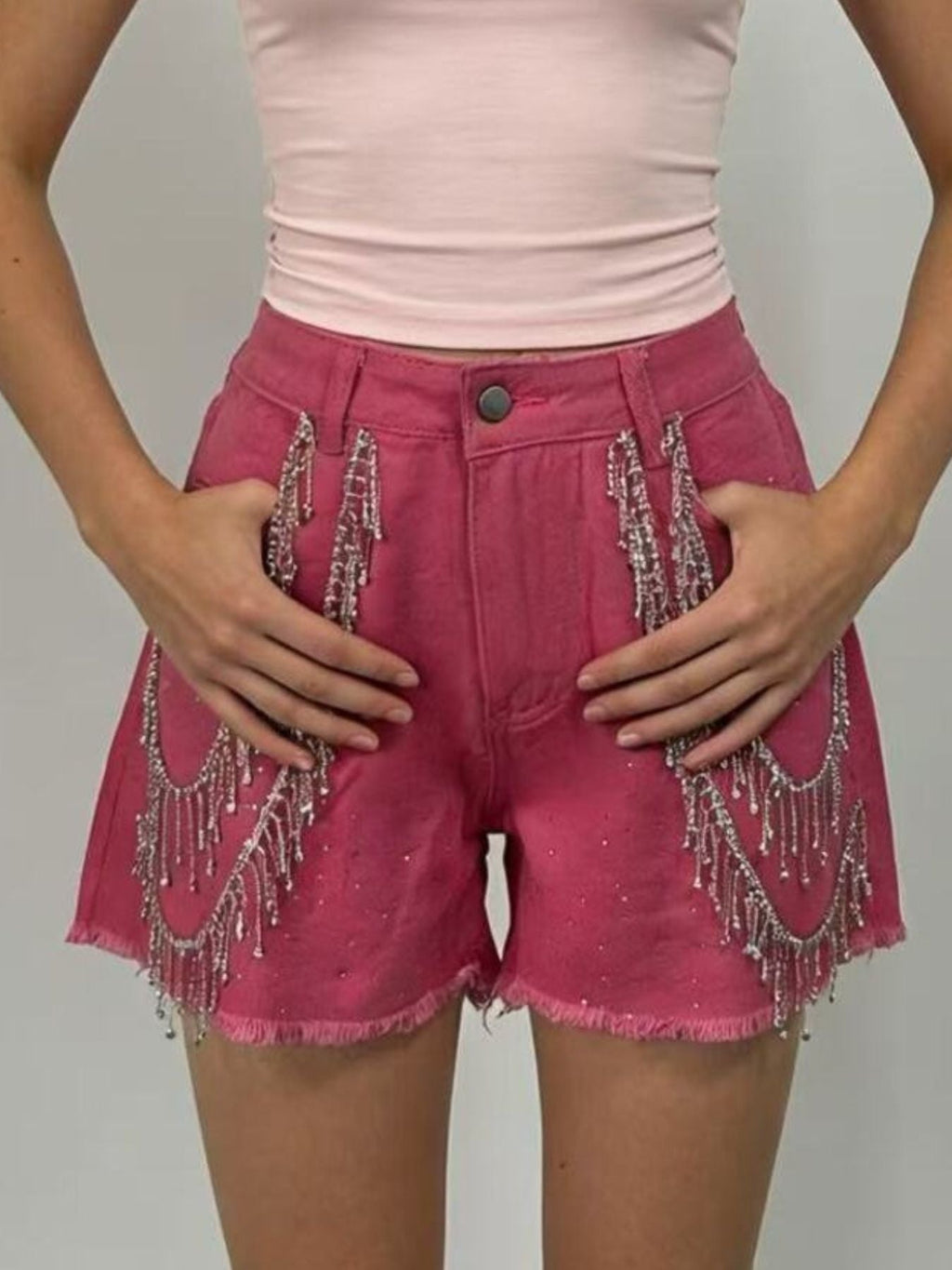 Rhinestone Chain Raw Hem Denim Shorts