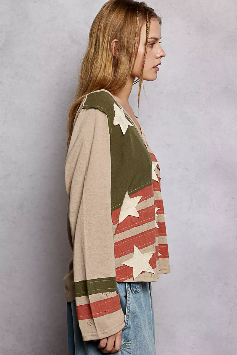 POL Double Gauze American Flag Patch V-Neck Long Sleeve T-Shirt