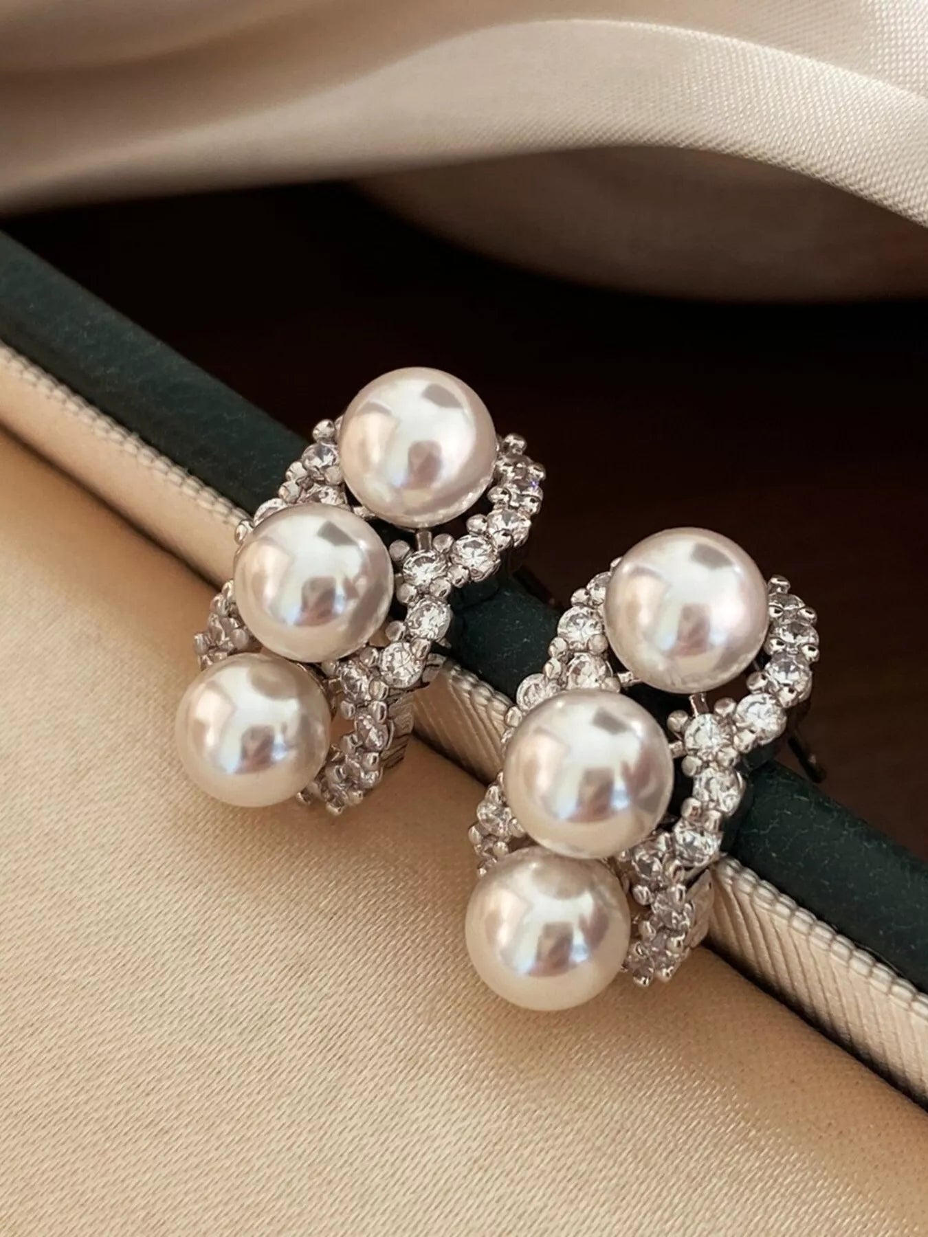 Zircon Triple Pearl Drop Earrings