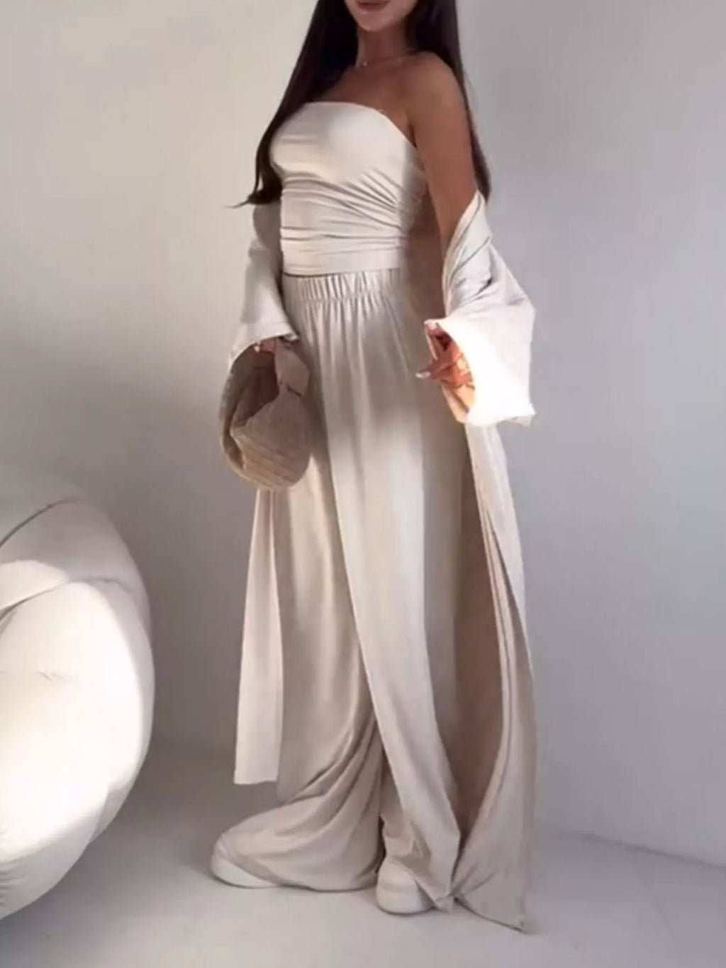 Tube Top & Cardigan & Wide Leg Pants 3-Piece Set