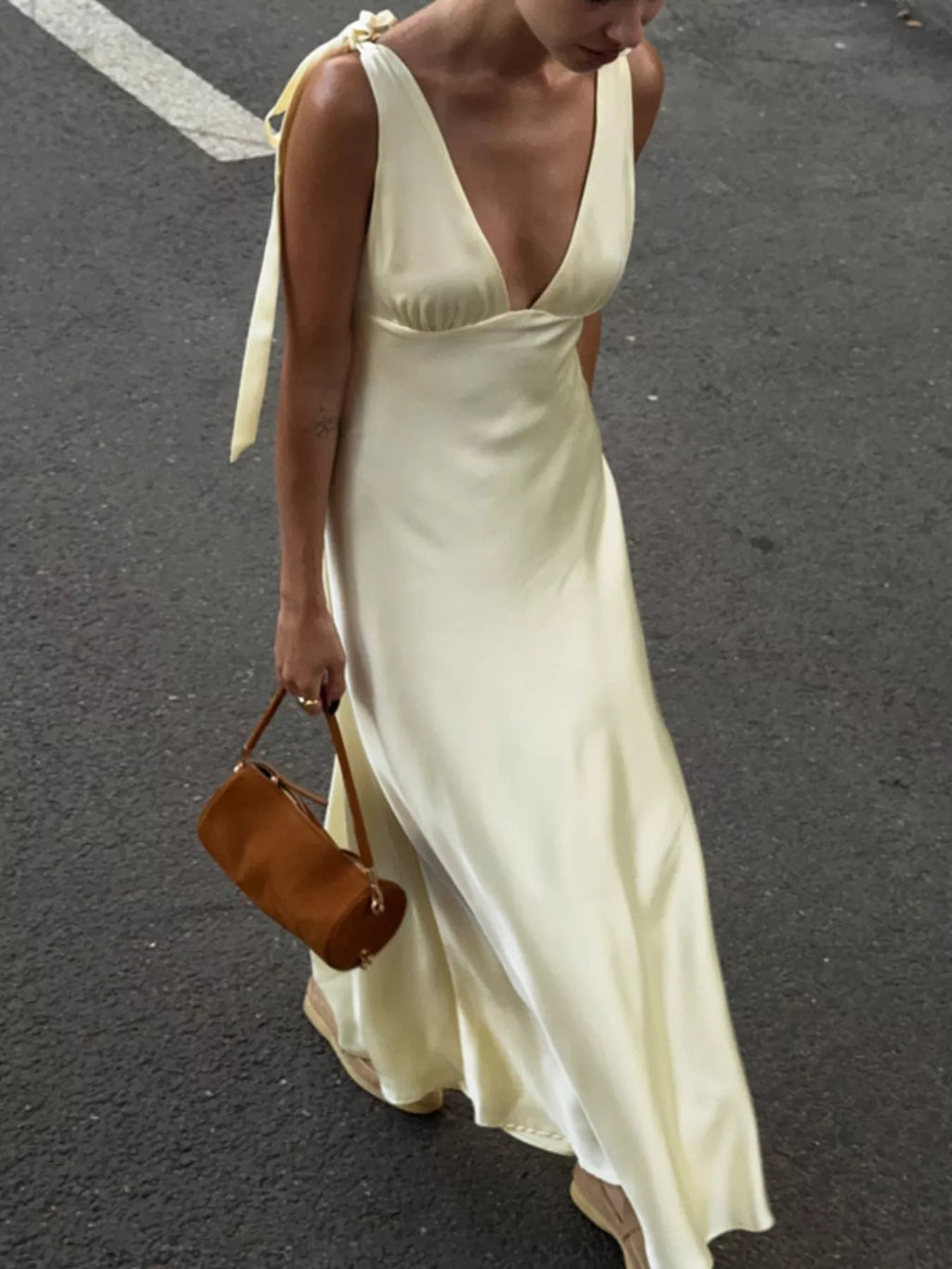 Satin Tie Shoulder Deep V-Neck Dress