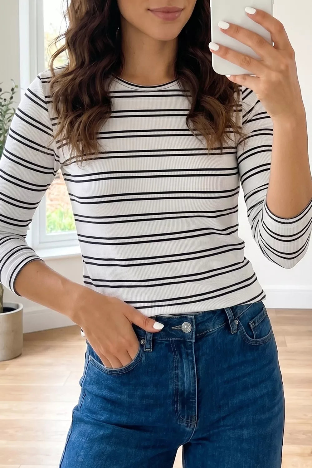 Stripe Ribbed Knit Round Neck Long Sleeve Top
