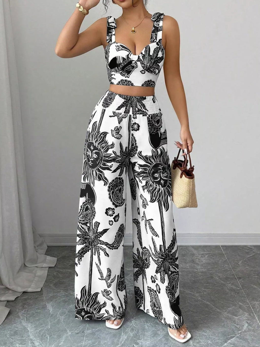 Floral Print Crop Top and Wide Leg Pants Set