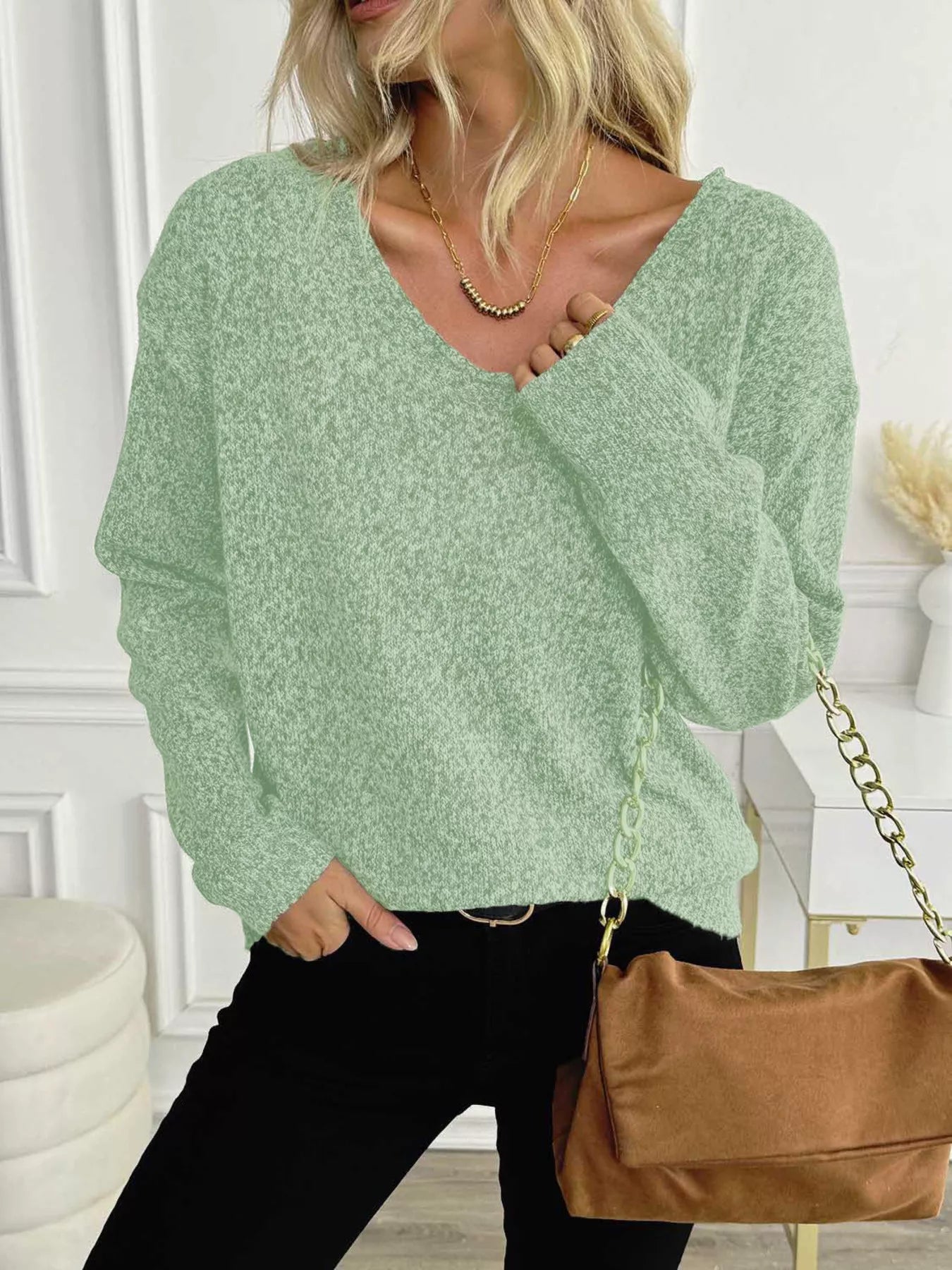 Casual V-Neck Drop Shoulder Sweater