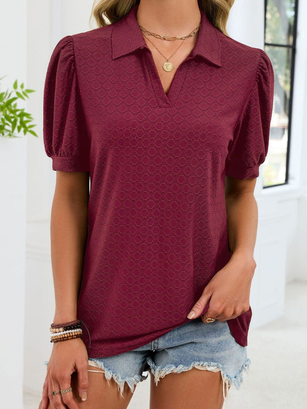 Eyelet Johnny Collar Puff Sleeve Top