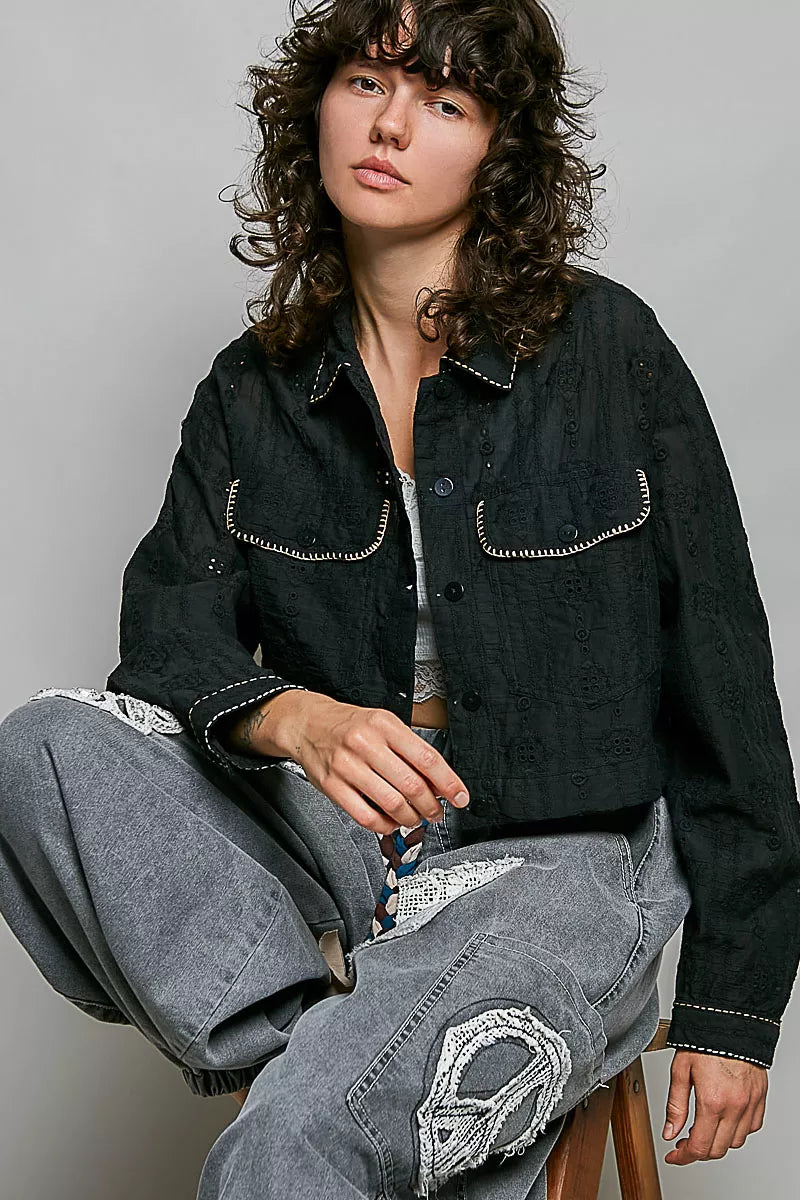 POL Cropped Button-Front Eyelet Cotton Jacket