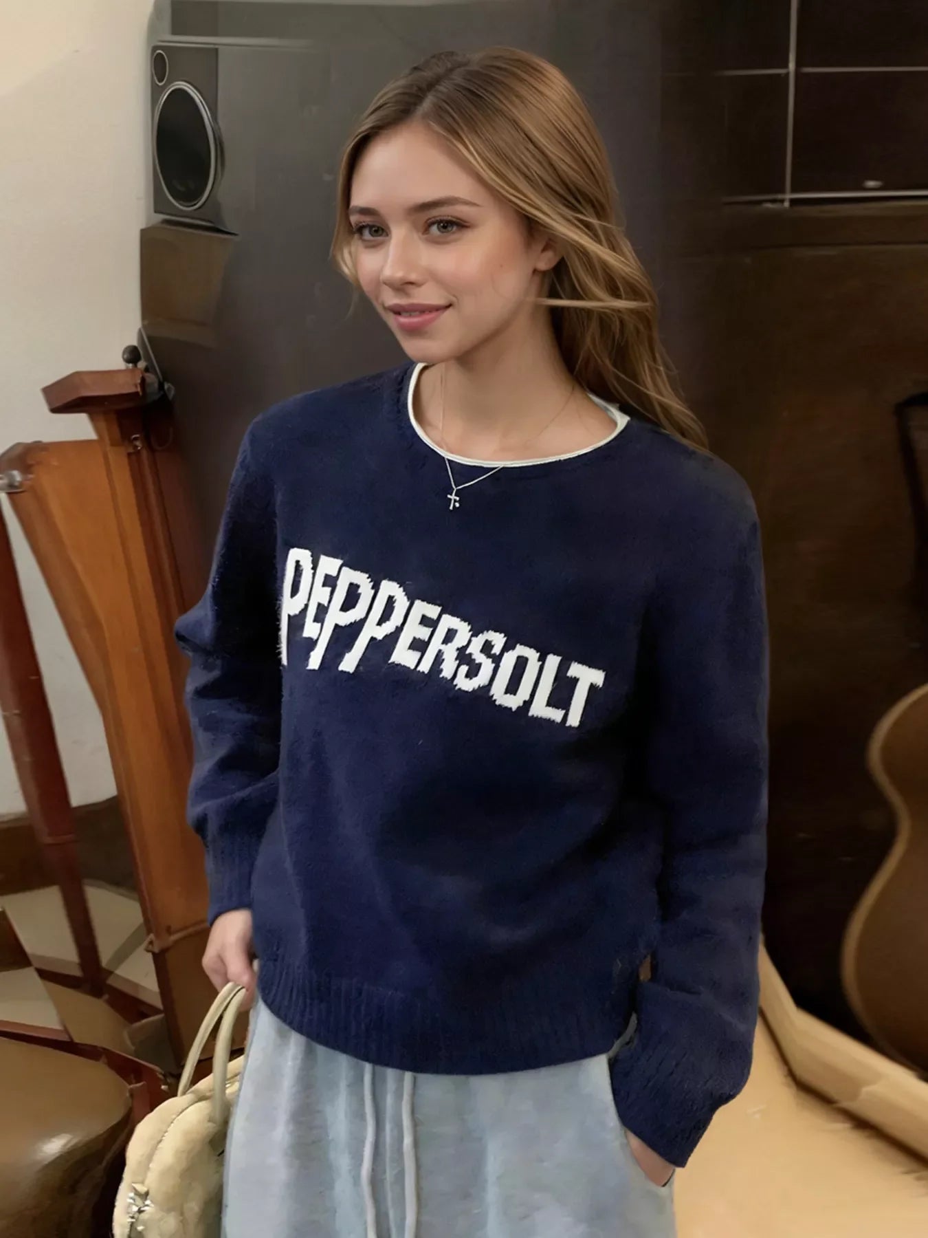 Letter Contrast Trim Round Neck Sweater