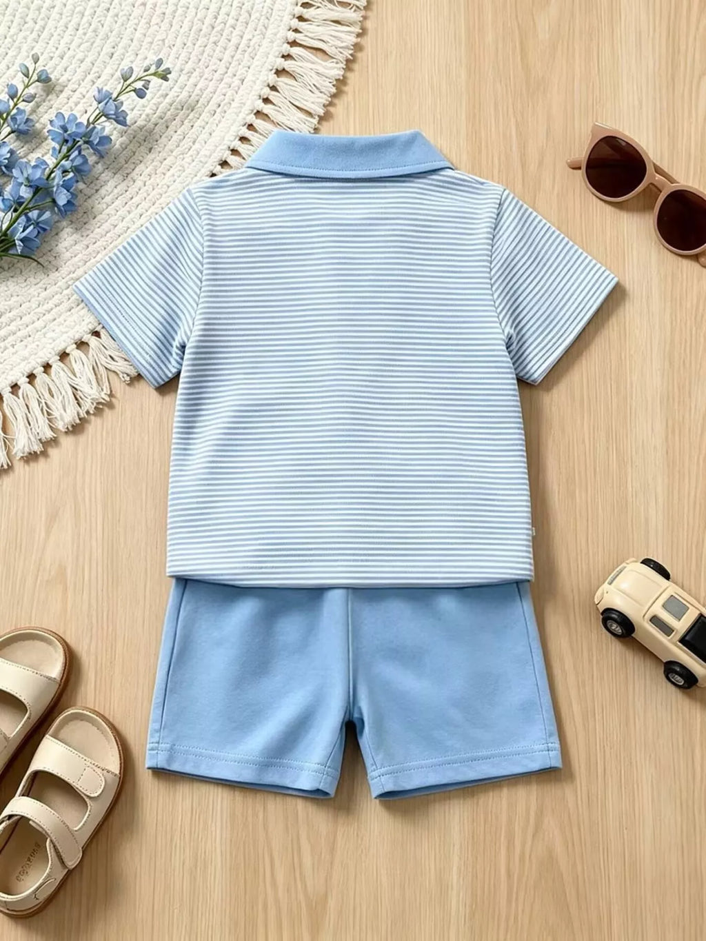 Children's Striped Polo Shirt & Shorts Set with Apple Embroidery