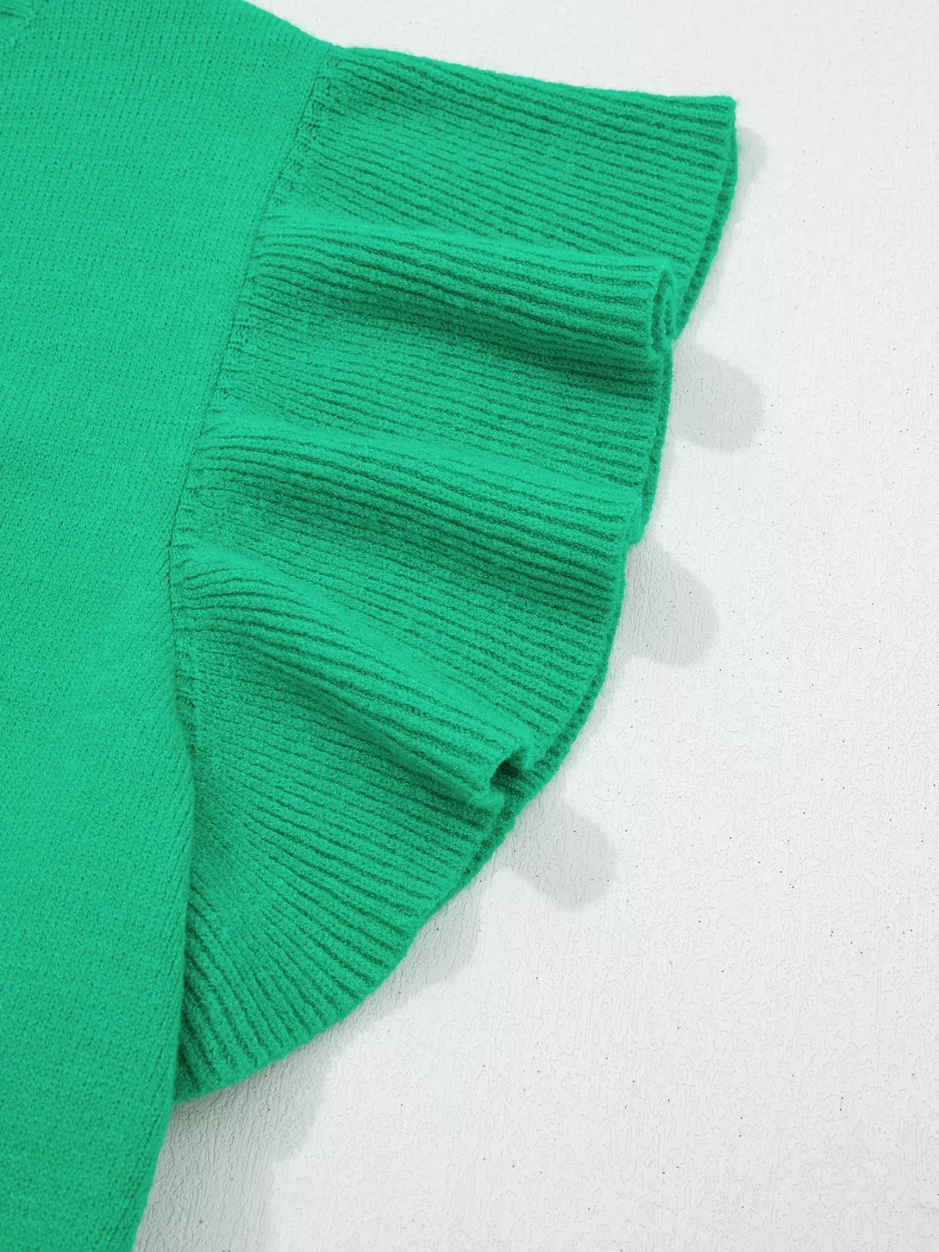 Solid Color Ribbed Trim Round Neck Ruffle Short Sleeve Sweater