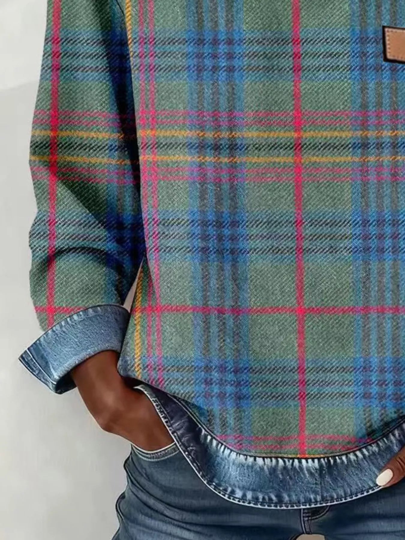 Full Size Plaid Denim Trim Long Sleeve Sweatshirt Plus Size