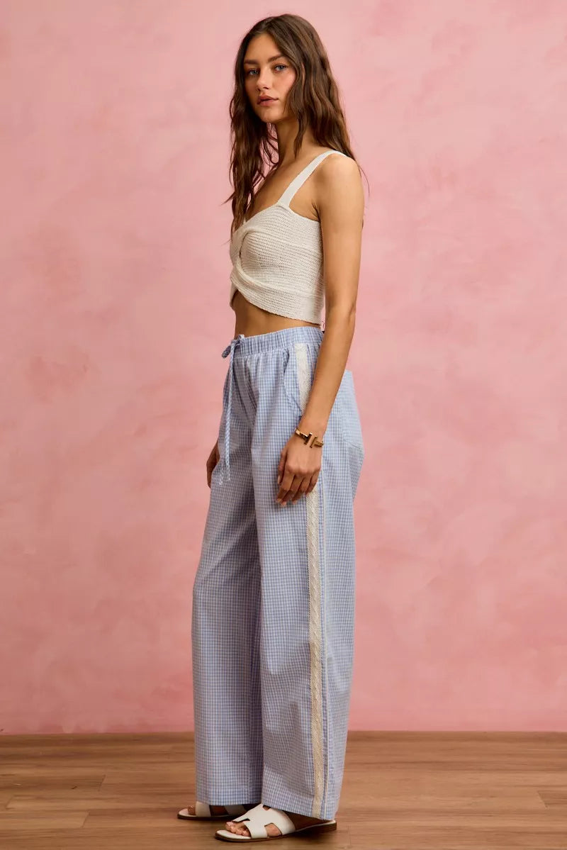 SO ME Wide Check  Pants With Side Lace Trim And Piping