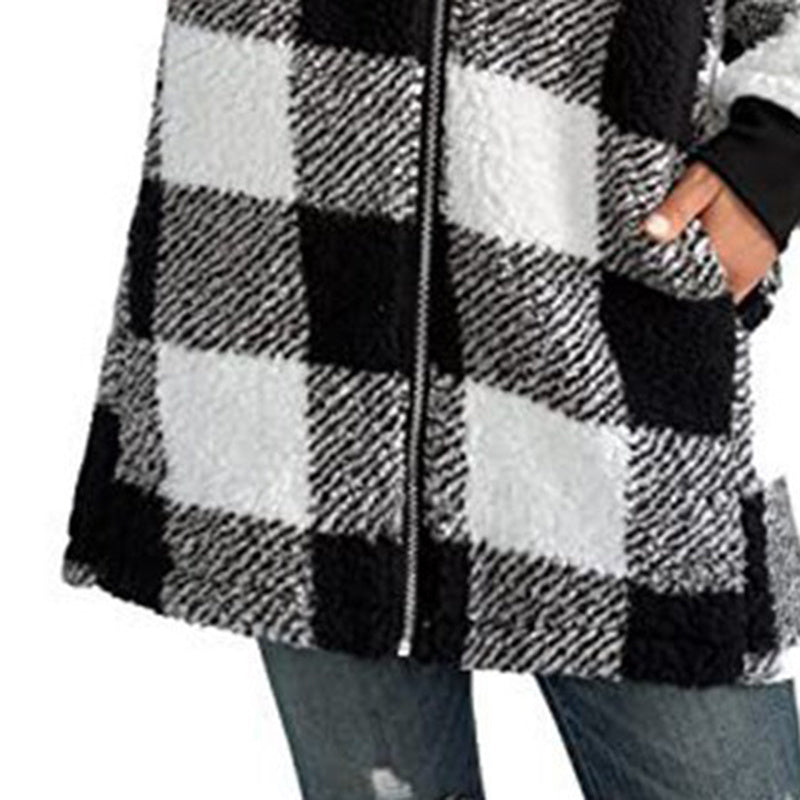 Plaid Hooded Zip-Up Oversized Jacket — Women’s Winter Commute Coat