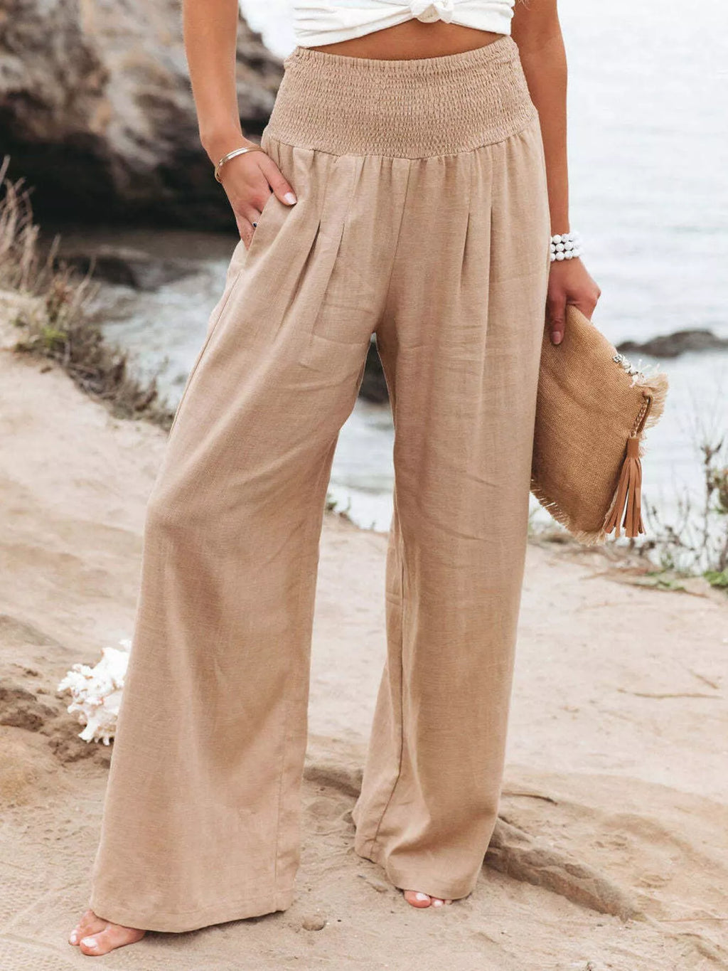 Smocked High Waisted Wide Leg Pants
