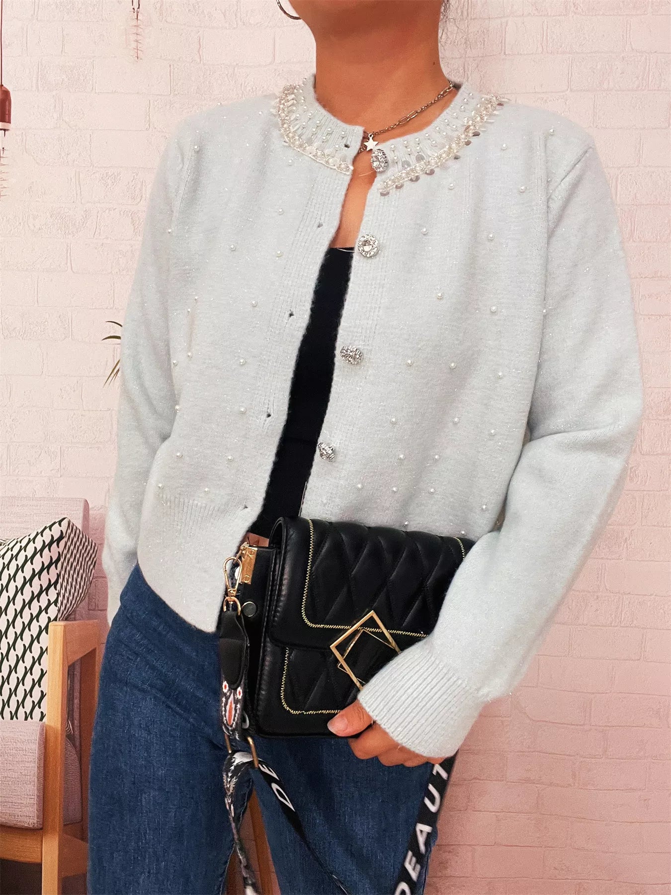 Pearl Detail Button-Front Cardigan