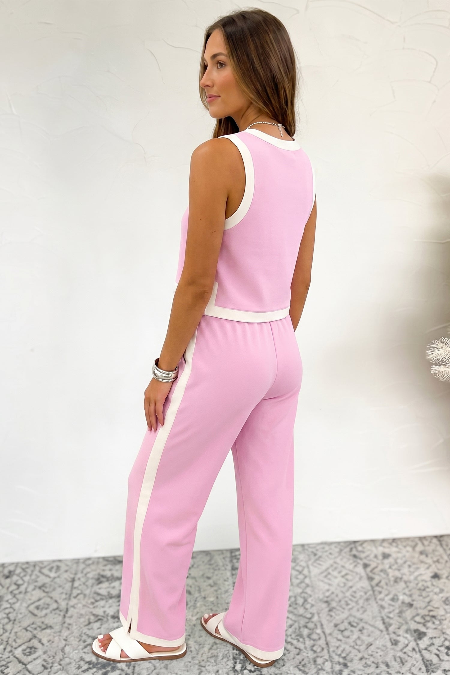Colorblock Cropped Tank & Elastic Waist Pants Set