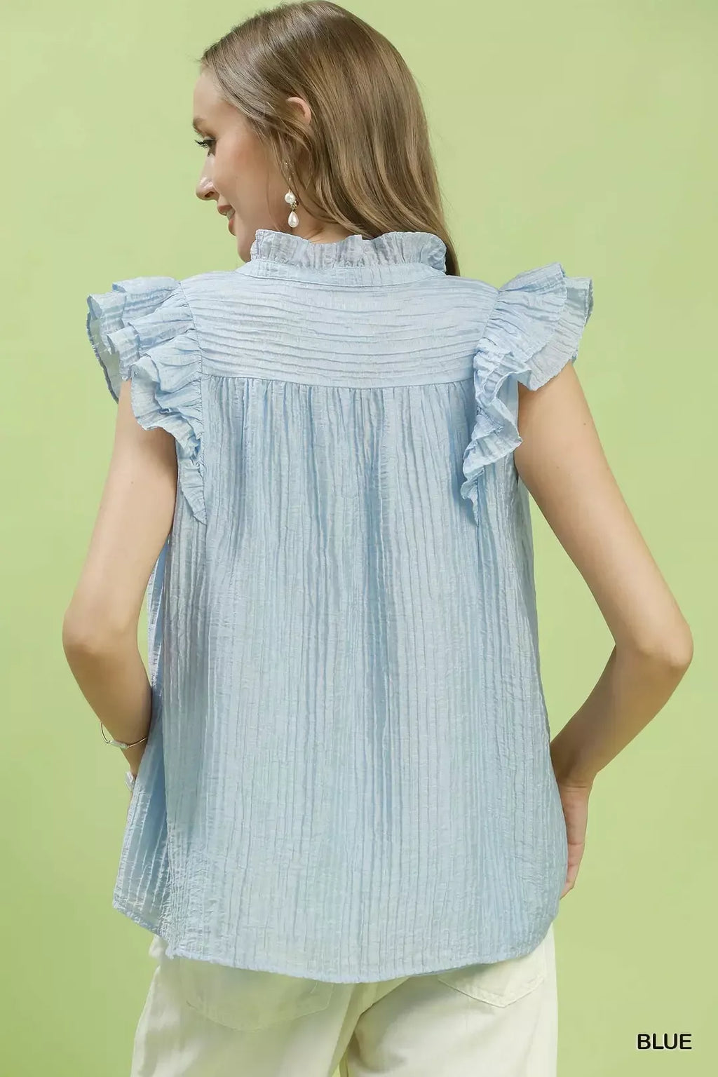 Umgee Textured Ruffle Sleeve Split V Neck Top