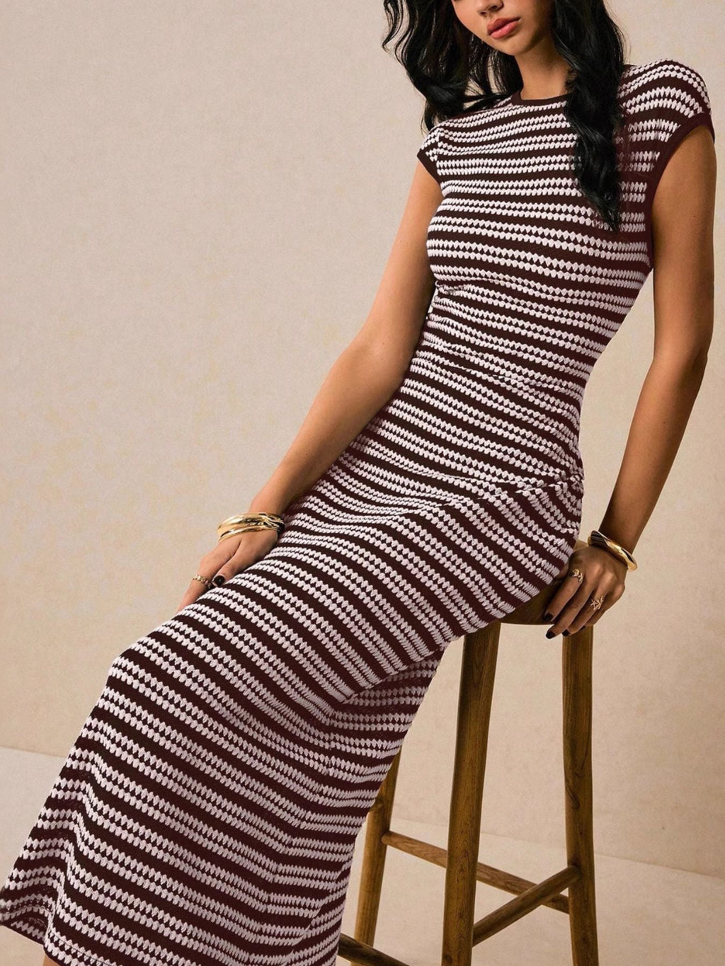 Striped Cap Sleeve Bodycon Midi Dress