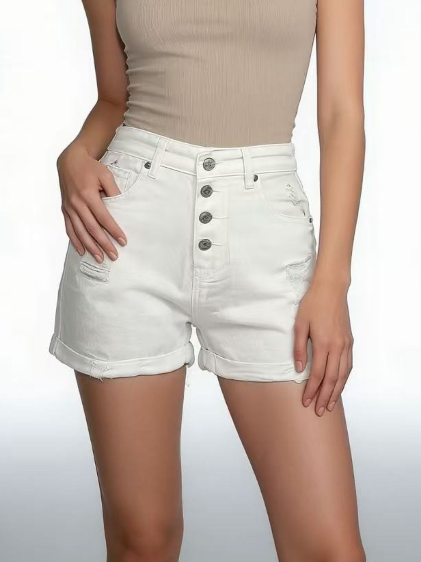 High-Waisted Button-Fly Distressed Denim Shorts
