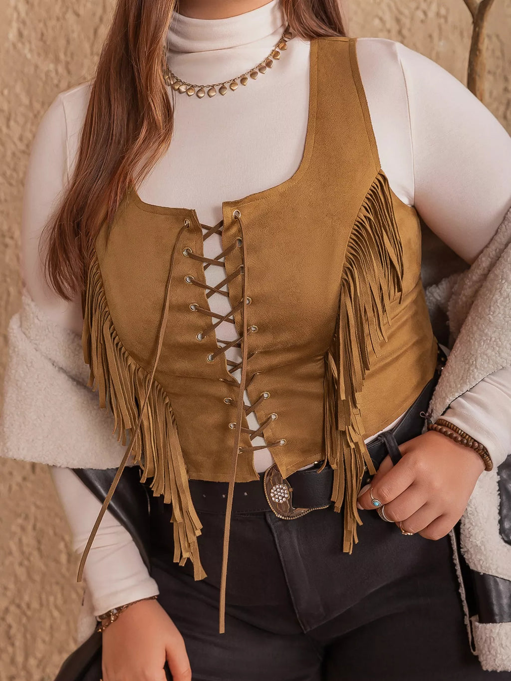 Plus Size Fringed Lace-Up Suede Vest