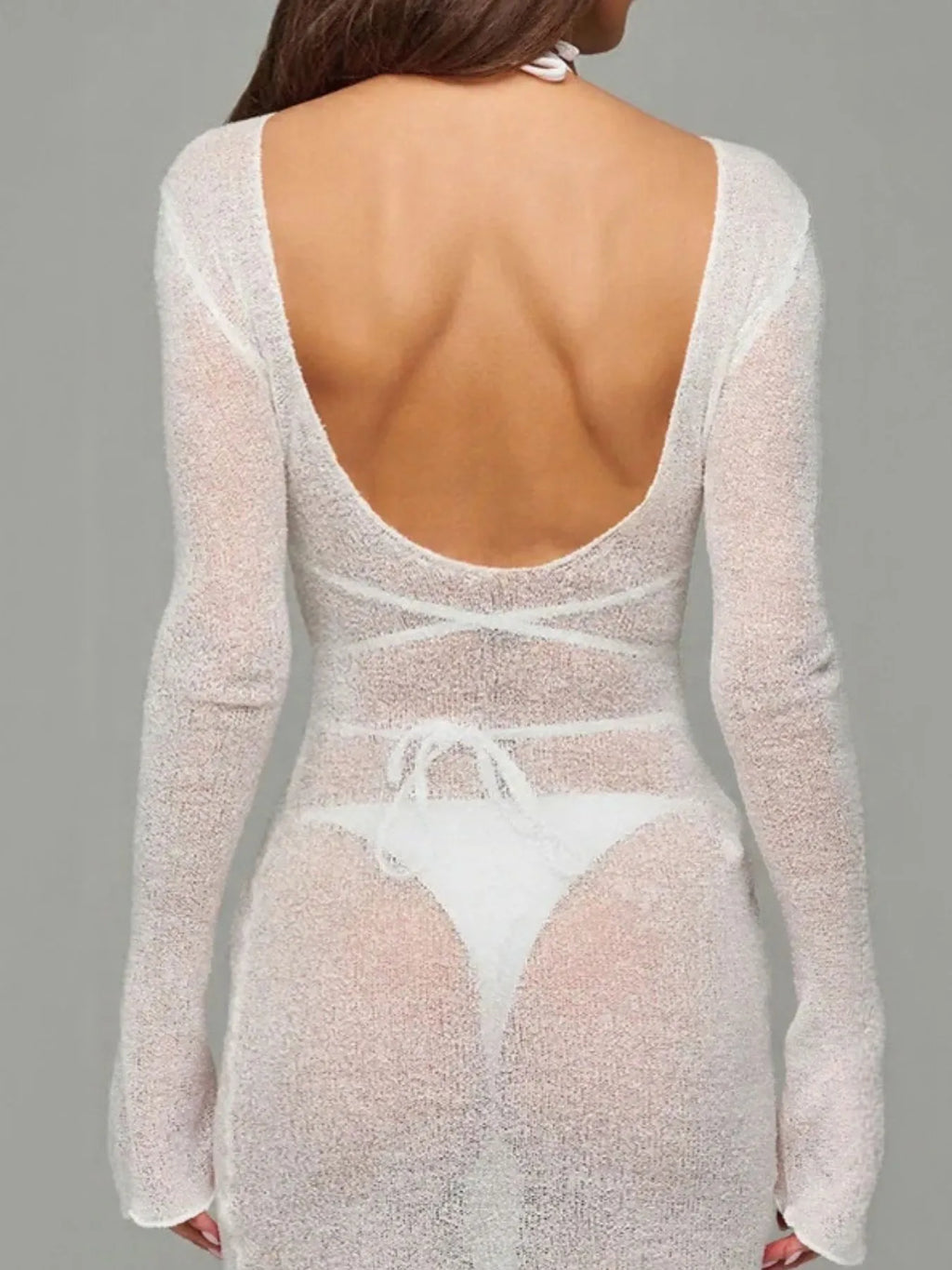 Sheer Backless Long Sleeve Mini Cover-Up Dress