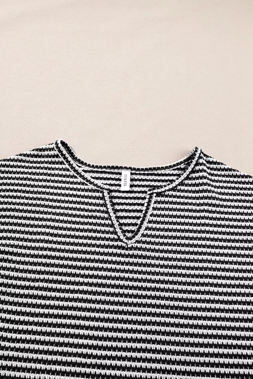 Stripe Textured Knit Notched Neck Cuffed Short Sleeve Top