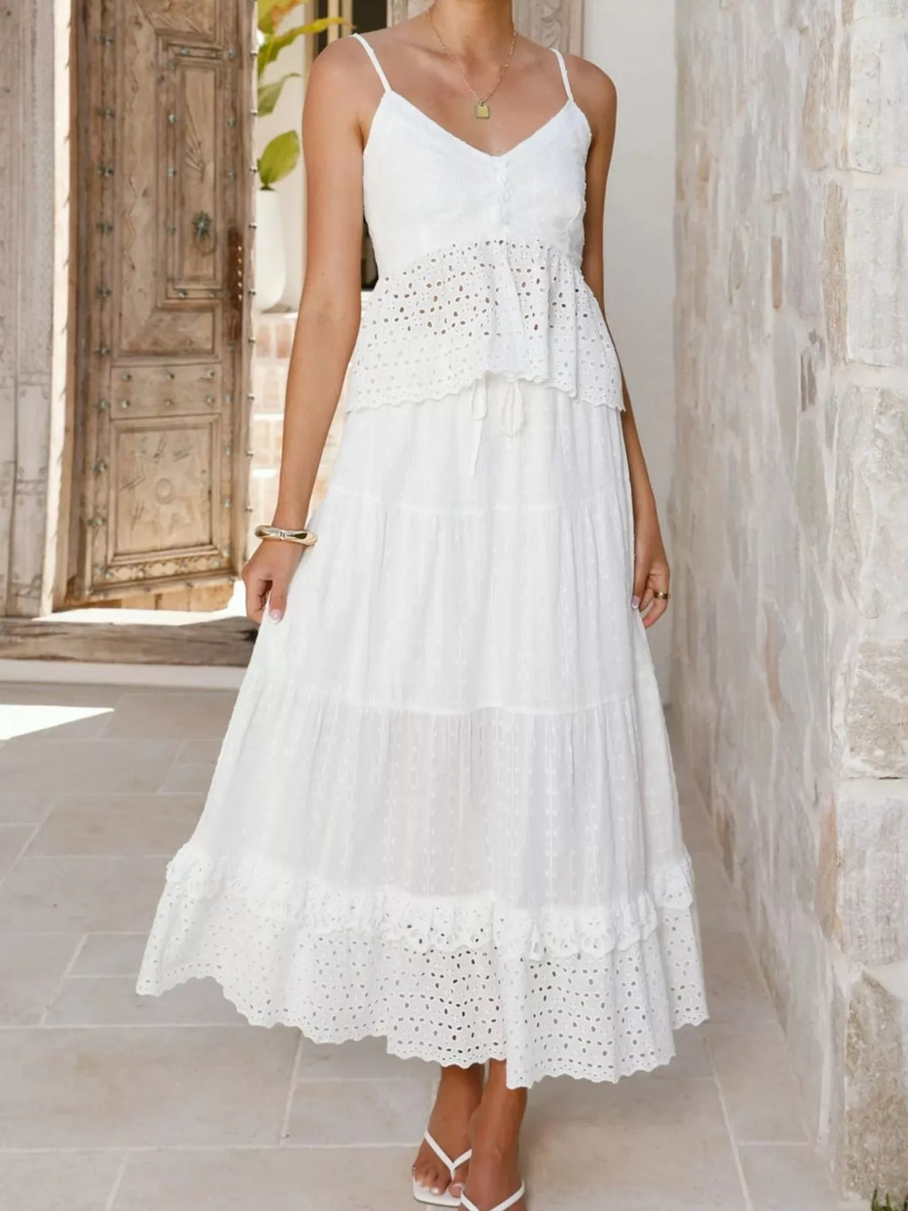 Eyelet V-Neck Cami and Skirt Set