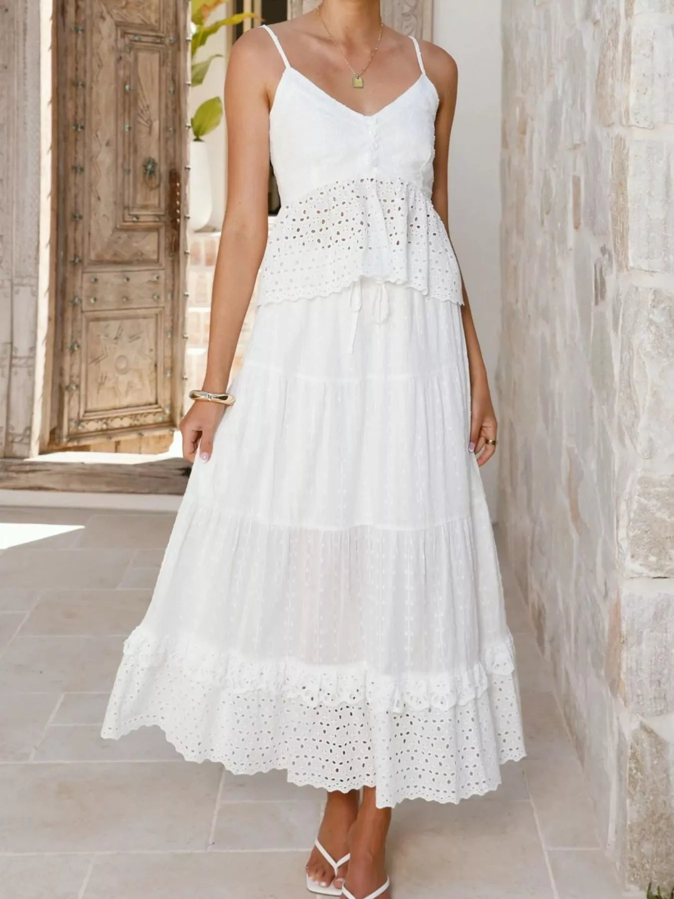 Eyelet V-Neck Cami and Skirt Set