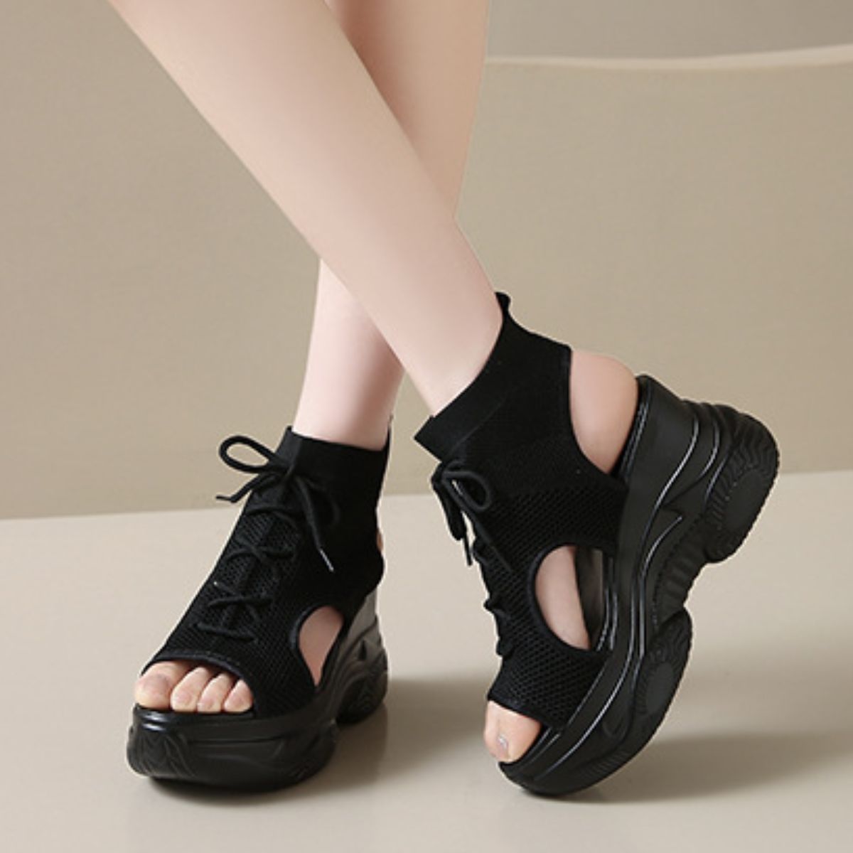 Cutout Mesh Wedge Sandals