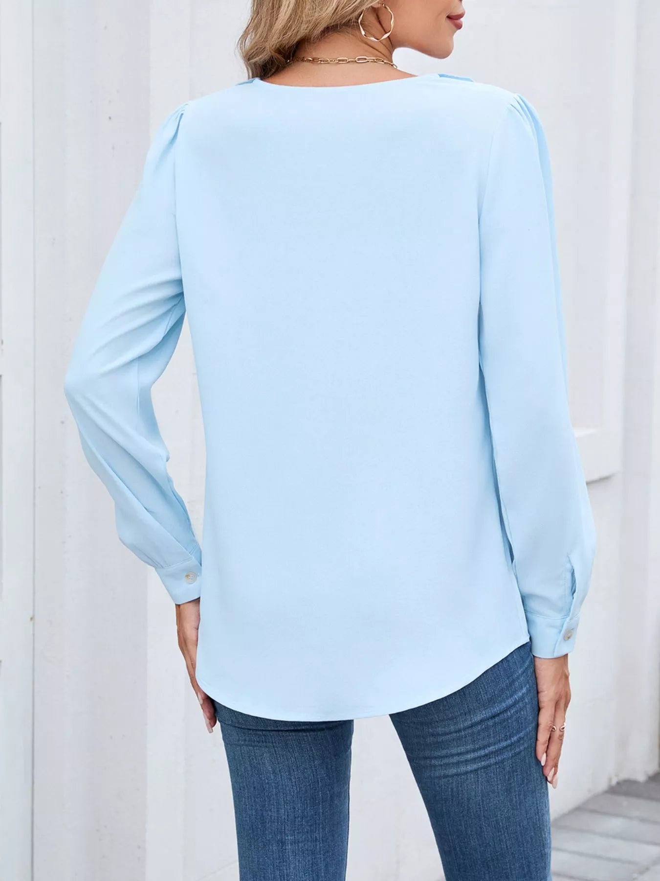 Ruffled V-Neck Long Sleeve Blouse