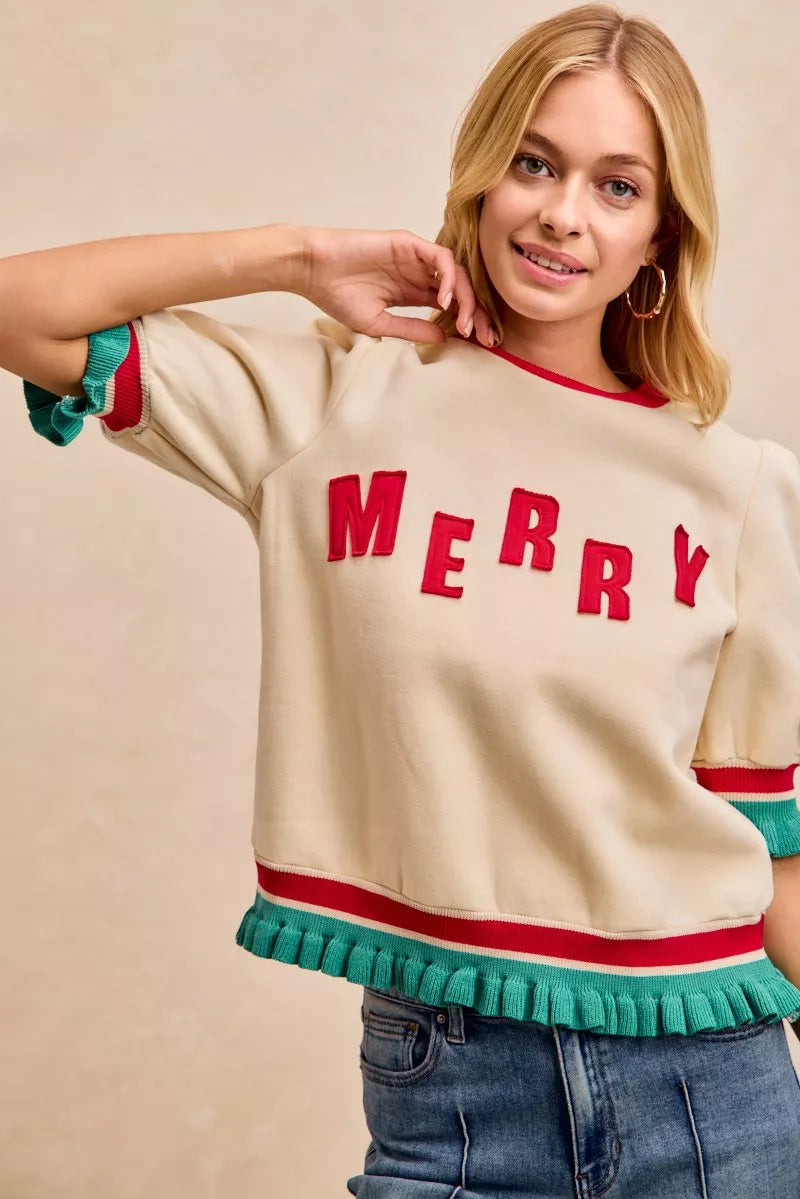 BiBi Christmas Merry Letter Patches Contrast Banded Top