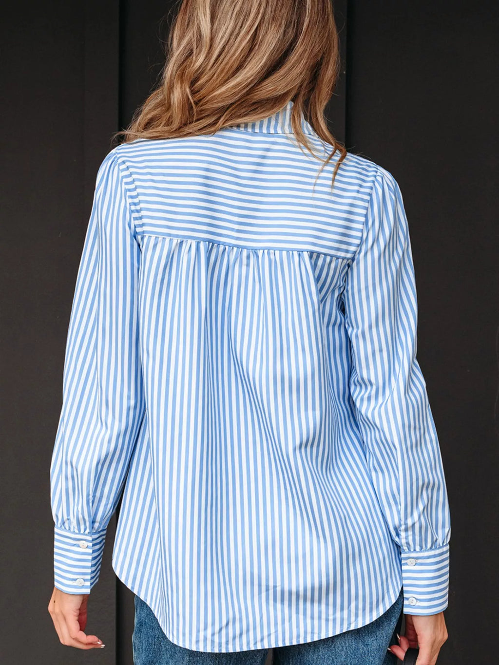 Stripe Shirred Detail Half Placket Collared Long Sleeve Shirt