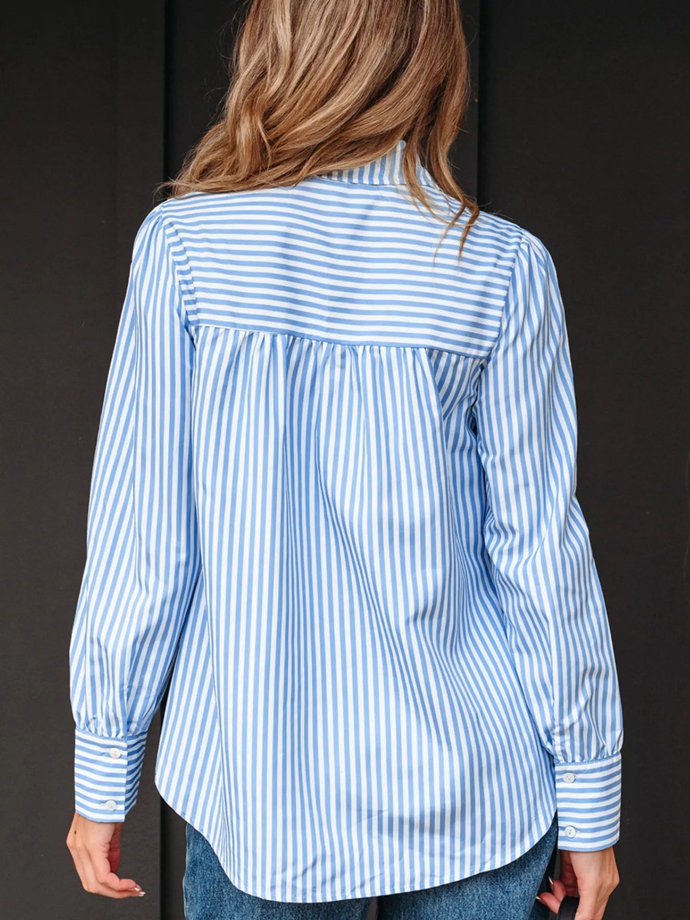 Stripe Shirred Detail Half Placket Collared Long Sleeve Shirt