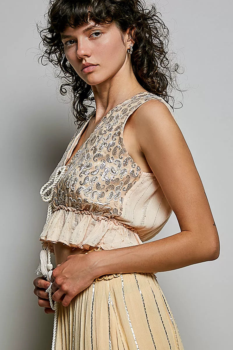 POL Shimmer Pattern Deep V Tie Front Tassel Ruffle Hem Sleeveless Crop Top