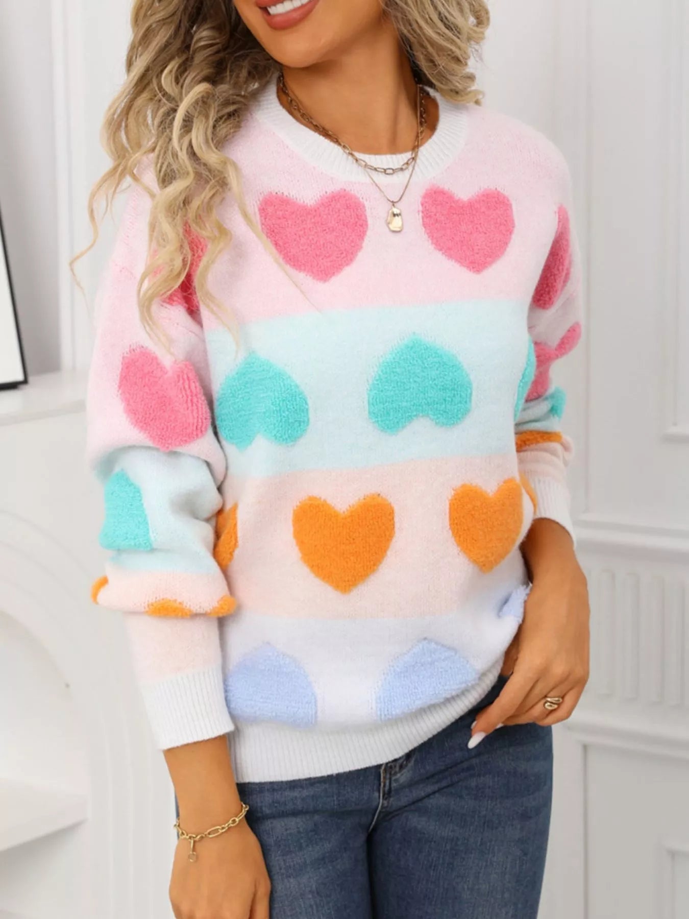 Valentine's Day Heart Pattern Fuzzy Knit Sweater