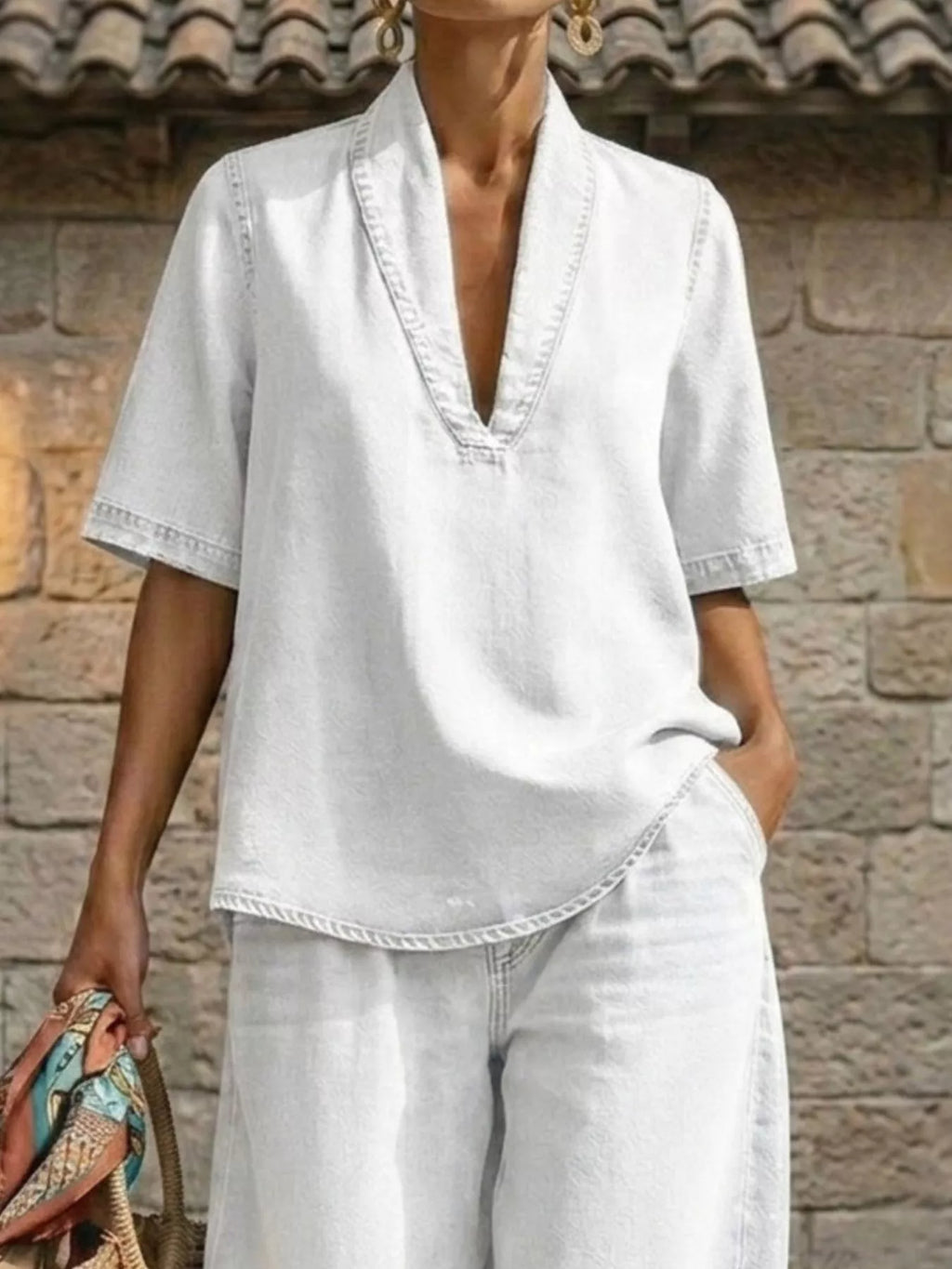Full Size Half Sleeve Top and Wide Leg Pants Set Plus Size